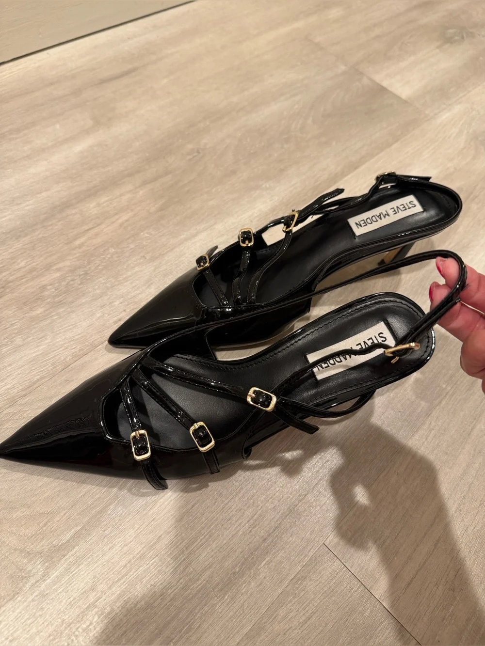 Steve Madden Black Patent Pointed-Toe Strappy Slingback Heels with Gold Buckles